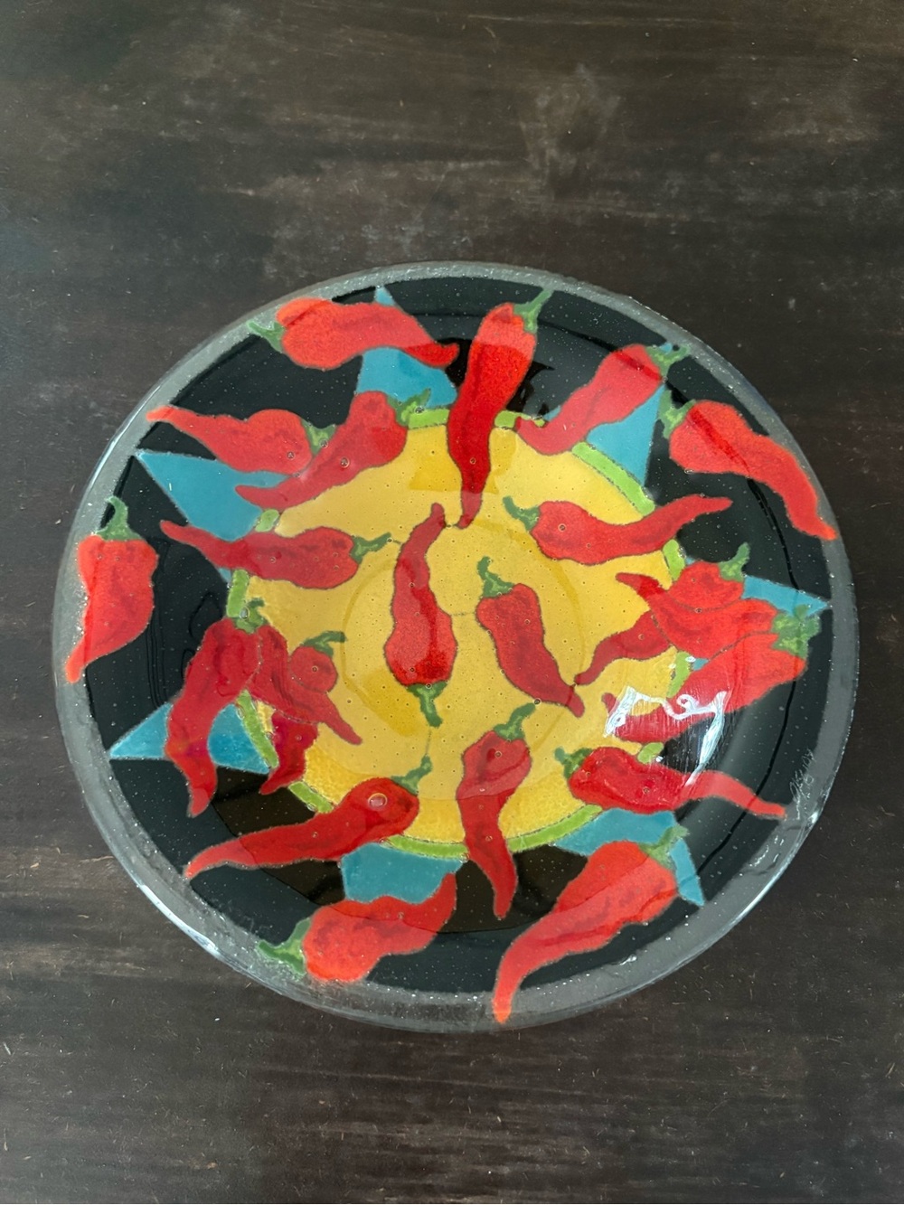 Peggy Karr Fused Glass Red Hot Chili Peppers 8 3/8" Bowl Retired Signed